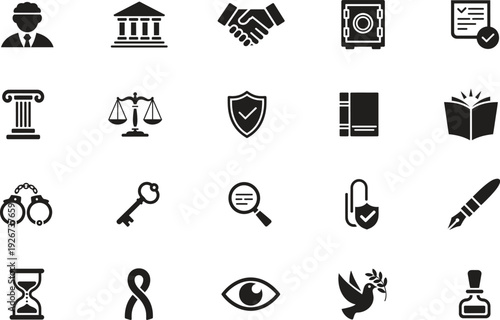 law and justice icon set. legal service, courthouse, authority, human rights. vector illustration