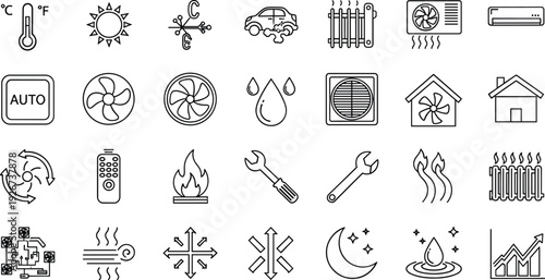 HVAC and Climate Control Line Icon Set with Air Conditioning, Heating, Ventilation, Thermostat, Fan, and Temperature Outline Vector Symbols