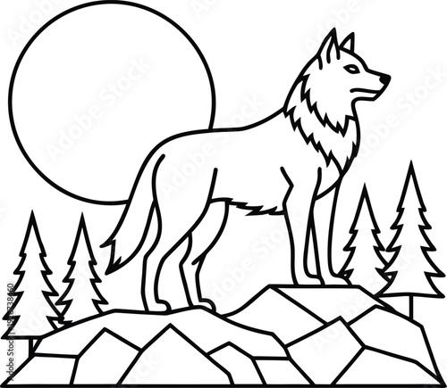 Wolf Standing on Rocks Under Full Moon with Pine Trees Stylized Outline