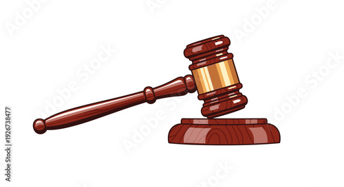 A dark brown wooden judge's gavel with a gold metallic band rests on a circular wooden sound block against a white background.