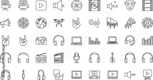 Music and Entertainment Line Icon Set with Camera, Headphones, Film, Speaker, Instrument, Streaming, and Multimedia Outline Vector Symbols