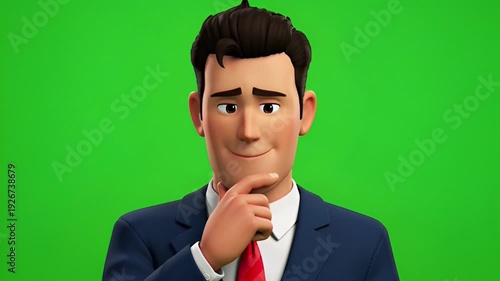 Cartoon businessman in suit with red tie and hand on chin, thinking against a green screen background