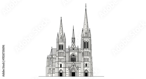 Detailed black and white line art illustration of a Gothic cathedral facade featuring multiple spires and intricate architectural stone details.