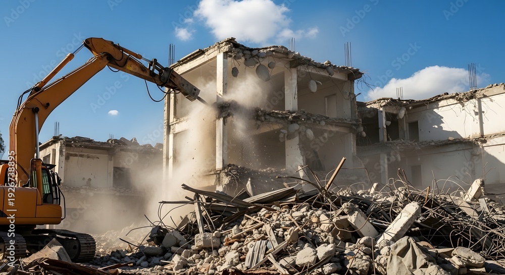 Fototapeta premium A large yellow excavator demolishes an old building at a construction site