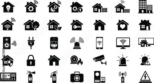 Home Automation and Smart House Icon Set Featuring Security Camera, Alarm, Lighting, Energy and Household Control Symbols Isolated on White Background Vector Collection
