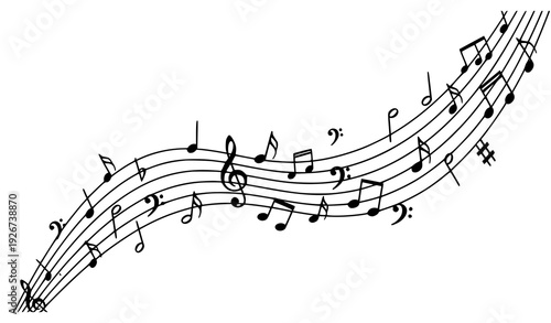 Diagonal Flow Musical Staff with Notes Black and White Minimal Vector Design