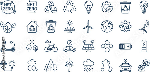 Net Zero and Renewable Energy Line Icon Set with Solar Panel, Wind Turbine, Electric Vehicle, Recycling, and Sustainability Outline Vector Symbols