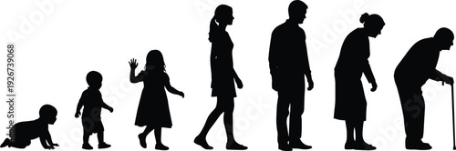 Black silhouettes of people in different ages and poses human stages of life