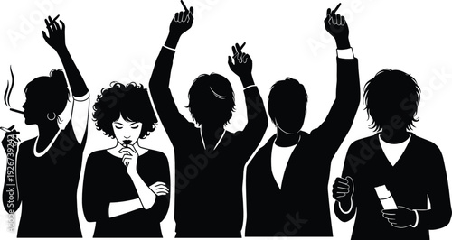 Party People Silhouette Collection with Dancing Crowd, Smoking Woman, Celebrating Friends, and Nightlife Black Solid Vector Illustration Set