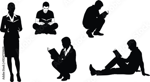People Reading Silhouette Collection with Students and Professionals Sitting, Standing, and Studying Books in Black Solid Vector Illustration Set