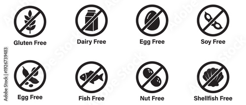Food allergen icons set. Gluten, dairy, egg, soy, fish, nut, and shellfish free symbols. Vector Illustration.