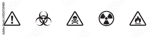 Warning and hazard icons set. Biological, radioactive, toxic, flammable, and attention signs. Vector Illustration.