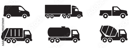 Truck and delivery vehicle icons set. Van, semi-truck, pickup, garbage, tanker, and concrete mixer. Vector Illustration.