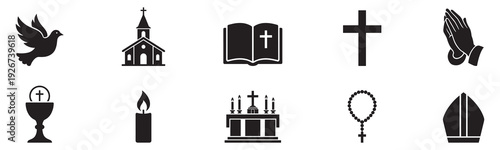 Faith icon set. Vector icon set of faith: cross, praying hands, dove, bible, candle, church, rosary, angel. Vector icon.