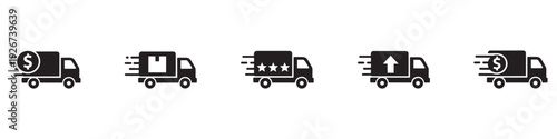 Delivery Truck icon set. Express delivery trucks icons. Fast shipping truck. Free delivery 24 hours. Logistic trucking sign. Vector illustration. Vector Graphic. EPS 10
