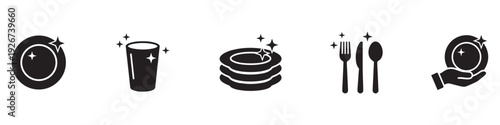 Clean dishes and cutlery icons set. Plate, glass, fork, knife, and spoon with shine symbols. Vector Illustration.