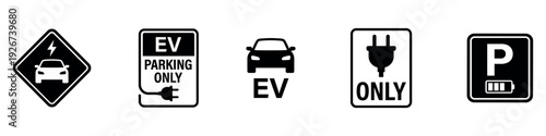 Car EV parking sign. Electric car charging point icons. Electric vehicle EV charging station sign set. Electric car with plug icon symbol. Only while charging. Vector Illustration. Vector Graphic. EPS