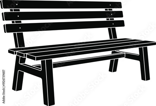 Black wooden park bench isolated on white background, outdoor garden furniture seating with modern minimalist design illustration