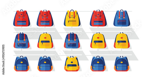 A grid of fifteen colorful backpacks in red yellow and blue colors arranged in three rows and five columns on a white background.