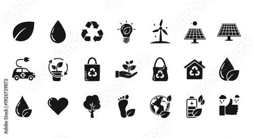 Black Silhouette 20 Eco Friendly Icon Set Vector – Sustainability Symbols