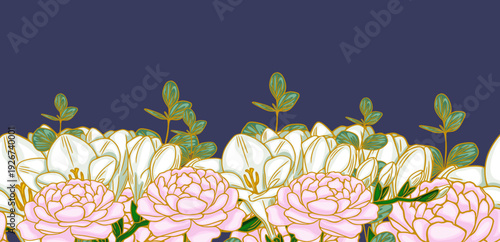 Elegant vector banner with delicate pink peonies and white lilies, floral design