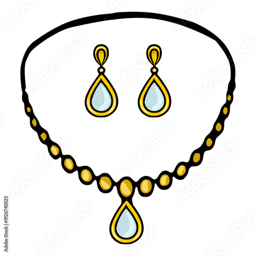 Elegant vector illustration of a gold necklace and earrings with blue teardrop gemstones, isolated on white.