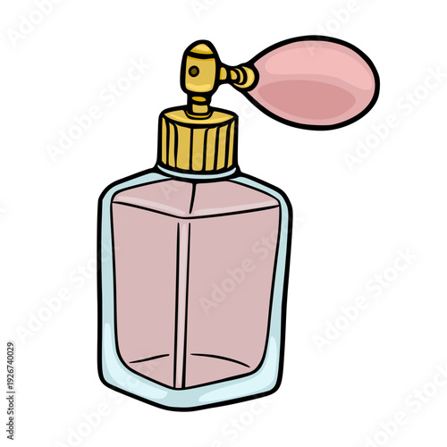 Vintage perfume bottle vector illustration with pink atomizer bulb and gold accents