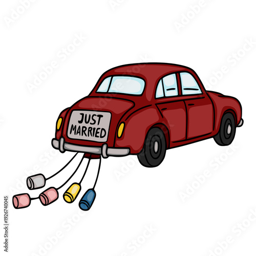 Vintage Red Car with "Just Married" Sign and Tins, Vector Illustration