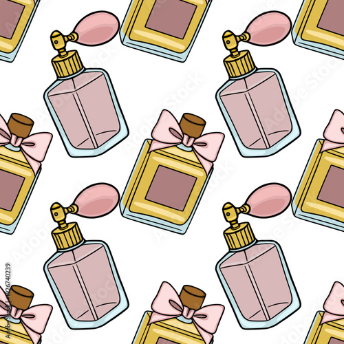Seamless vector pattern of elegant perfume bottles with pink bows and atomizers