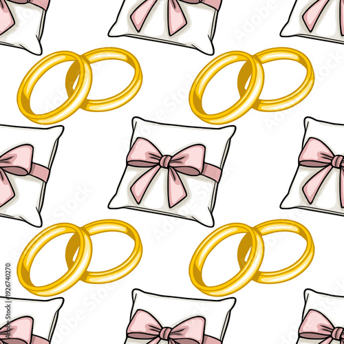 Seamless vector pattern of wedding rings on a pillow with pink bow
