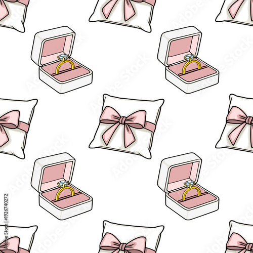 Seamless vector pattern of wedding rings in open boxes and ring bearer pillows with pink bows