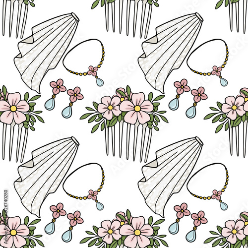 Seamless vector pattern of bridal accessories: wedding veil, hair comb with flowers, necklace, and earrings.