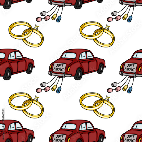 Charming vector wedding pattern with red cars and gold rings