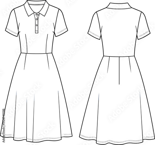 Women polo collar midi dress front and back view technical fashion vector illustration elegant apparel template design
