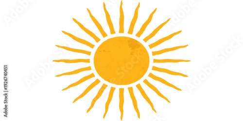 A bright yellow sun vector illustration featuring orange rays and a warm summer glow serves as a sunny weather icon and nature symbol for bright solar light