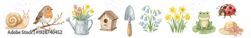 Cute watercolor spring elements set with ladybug, birdhouse, daffodils, bluebells and straw hat. Collection of Vector illustrations. Perfect for invitation, card, poster, banner, decoration