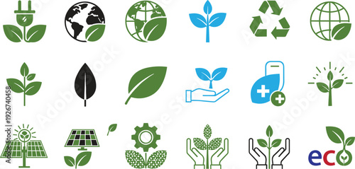 Eco Energy and Environmental Sustainability Icon Set Featuring Recycling, Solar Panel, Green Leaf, Globe and Renewable Power Symbols Isolated on White Background Vector Collection