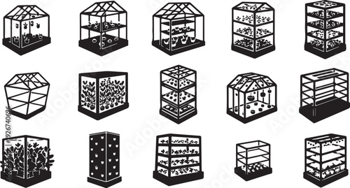 Various 3D warehouse and storage facility illustrations in black