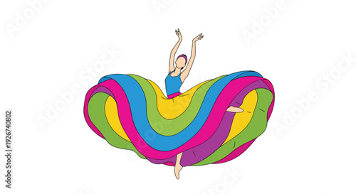 A female dancer with raised arms wears a large multi-colored layered skirt in a flat vector style on white.