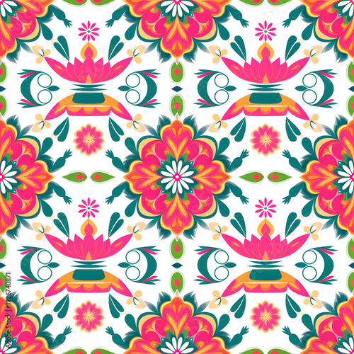 vector seamless repeating rangoli pattern in flat vector style. The design features symmetrical geometric shapes, floral motifs, peacocks, lotus flowers, and traditional oil lamps (divas).