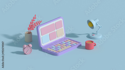 Minimal Stylized Pastel Home Office Workspace with Laptop 3D render