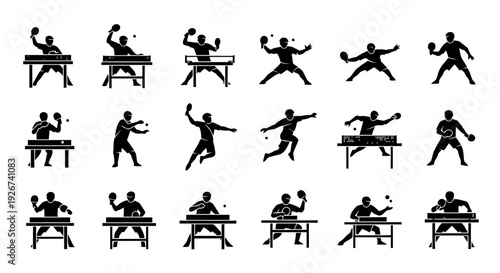 Collection of 12 unique black table tennis player icons arranged in one balanced square frame. Dynamic athletic silhouettes featuring forehand topspin, backhand defense, serve toss, smash action