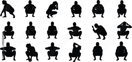 Black silhouettes of people squatting in various poses exercise