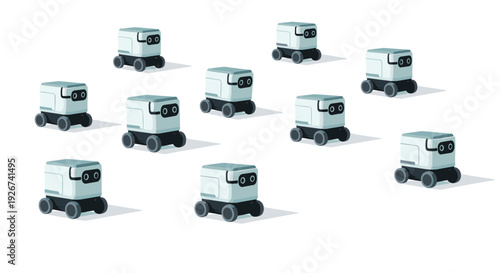 Ten white autonomous delivery robots with black wheels and sensor eyes are scattered across a plain white background.