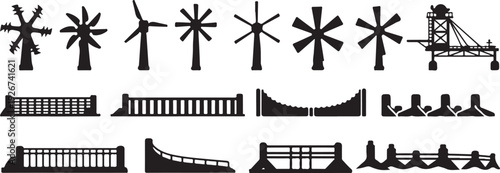 Silhouettes of wind turbines and bridges in black color