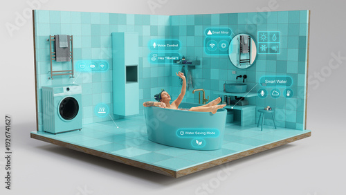 Foto Innovative design smart bathroom interior with woman relaxing in connected bathtub