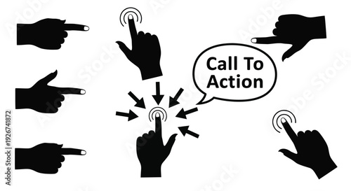 Hands pointing and gesturing towards a call to action silhouette