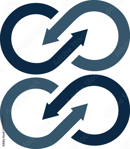 Two intertwined infinity symbols with arrows, representing continuous flow, exchange, and cyclical processes in a modern design.