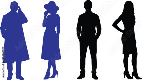Fashionable Men and Women Silhouettes in Stylish Outfits for Character Design, Lifestyle, and Trend Concept Projects