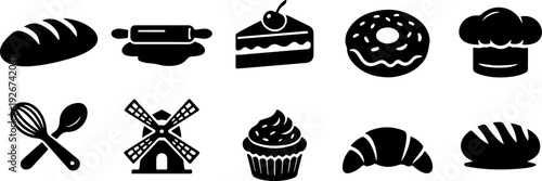 Bakery icon set. Dessert and kitchen tools symbol. Vector illustration.